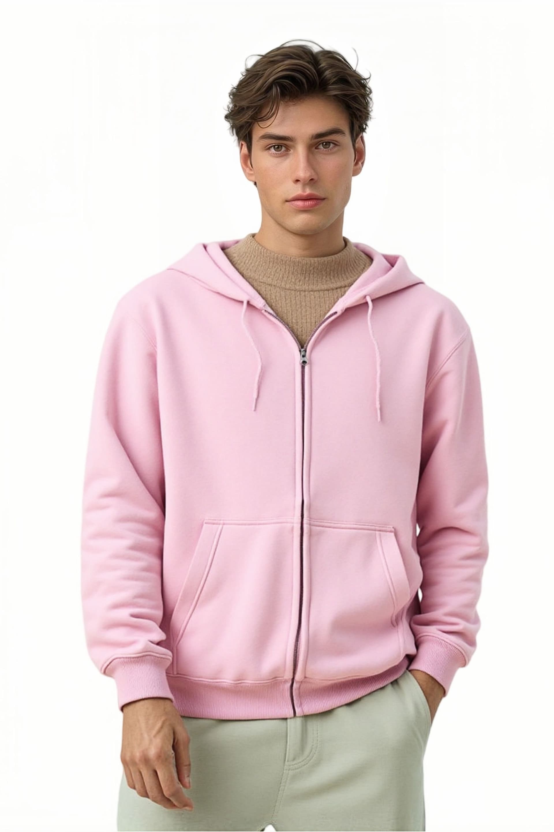 SweetLook SweetLook Men's Plain Full Zip Up Polyester Hoodies for Men Uk in Light Pink