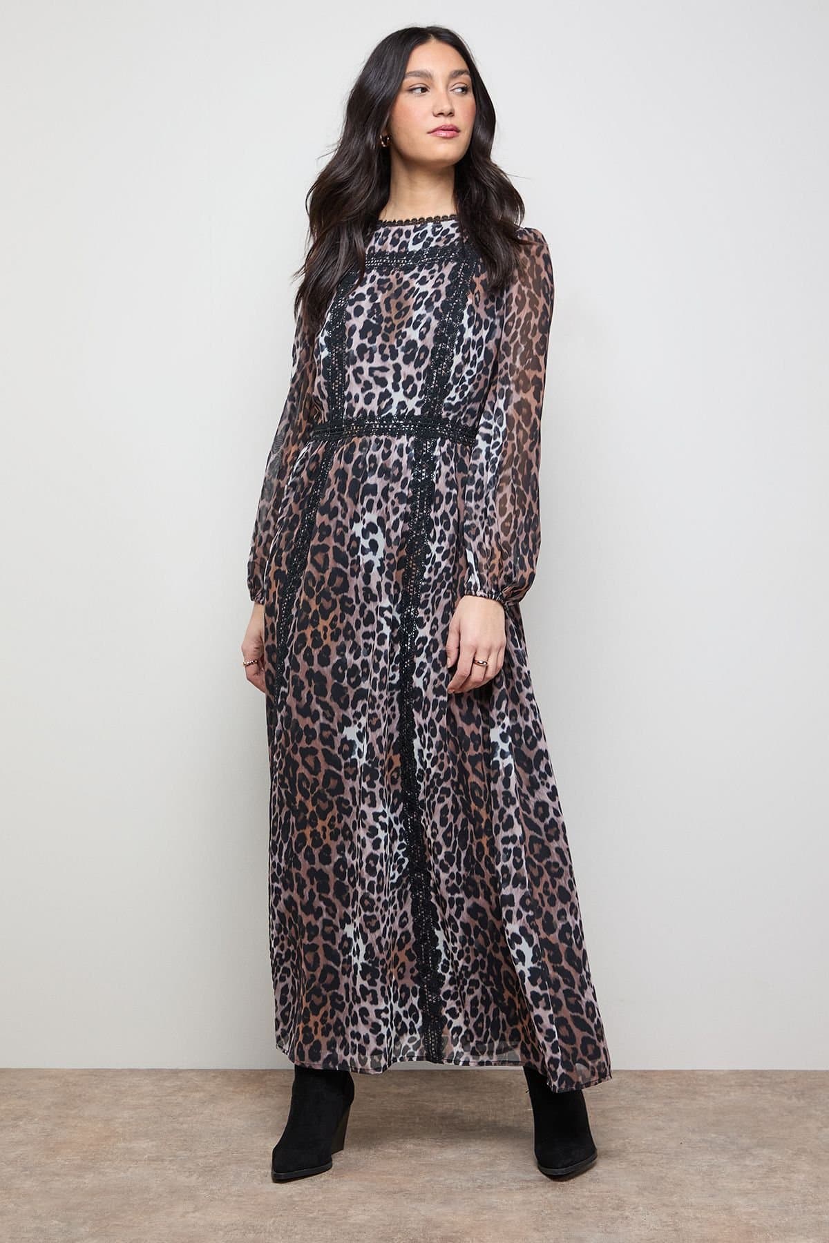 Oasis Oasis Women's Printed Lace Trim Balloon Sleeve Midi Smock Dress