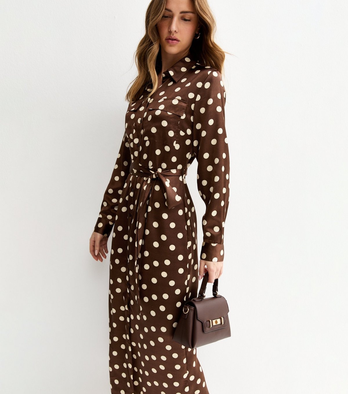 New Look Women's Brown Satin Polka Dot Midi Shirt Dress New Look - 3