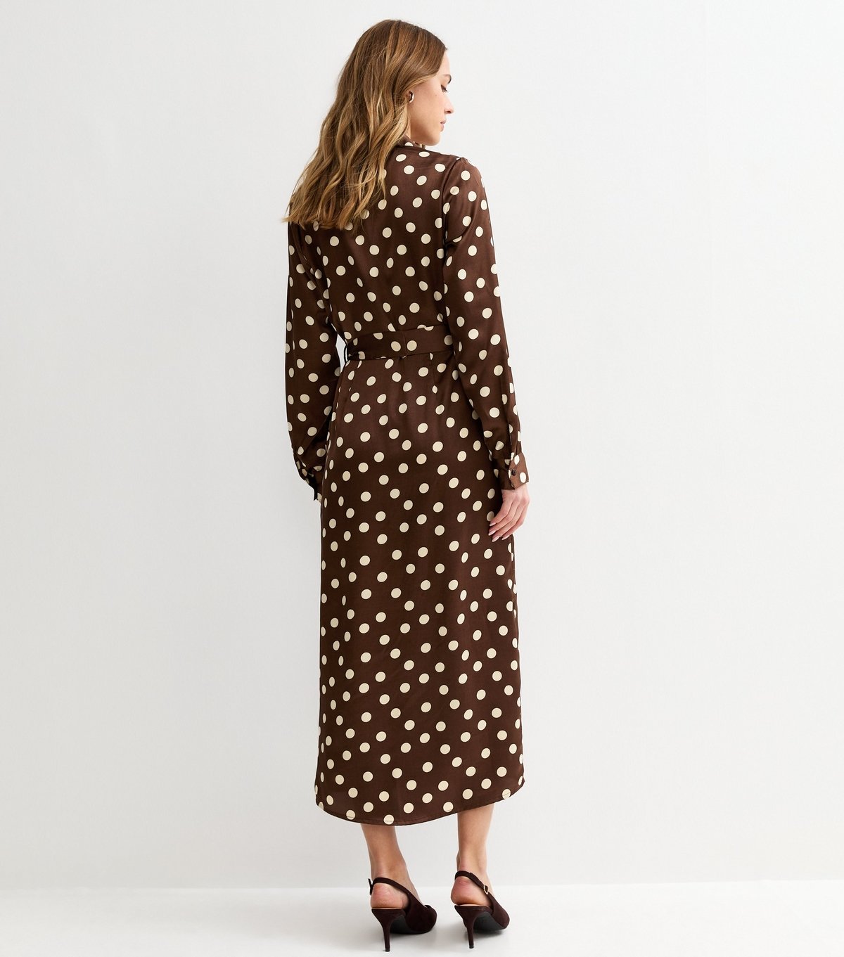 New Look Women's Brown Satin Polka Dot Midi Shirt Dress New Look - 4