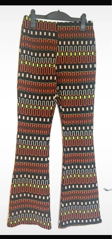 Zara Zara Retro Y2K Geometric Flared Trousers – Black, Red & Yellow Tribal Print – Size S / 8