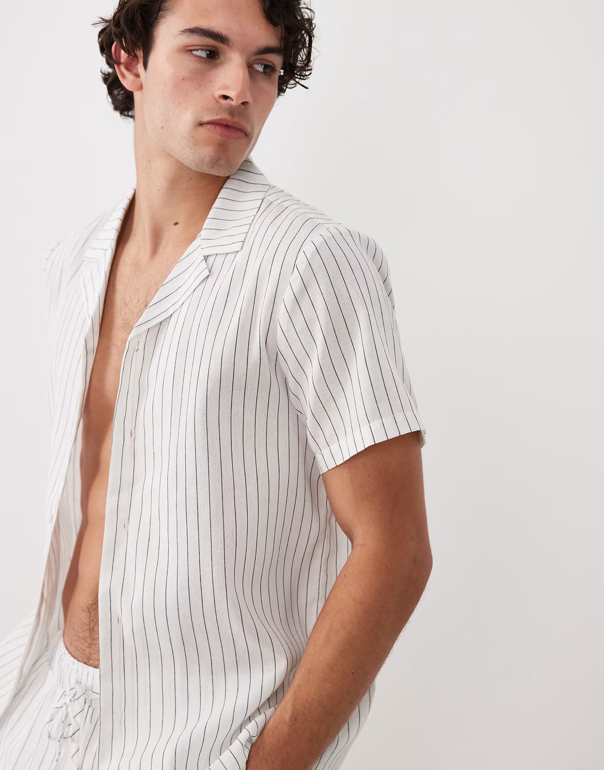 ASOS South Beach stripe short sleeve linen blend beach shirt in white