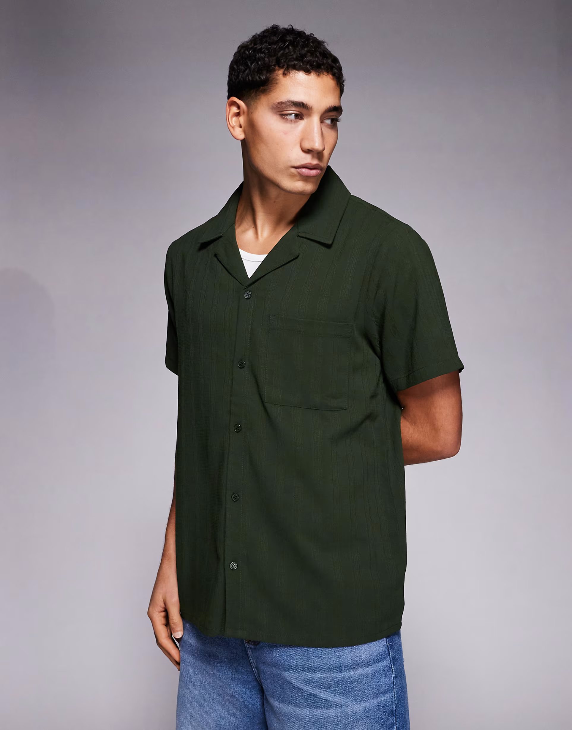 ASOS South Beach textured revere shirt in khaki - 1
