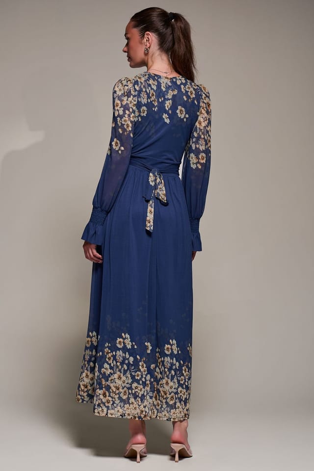 Jolie Moi Jolie Moi Women's Mirrored Print Long Sleeve Mesh Maxi Dress in Navy - 2
