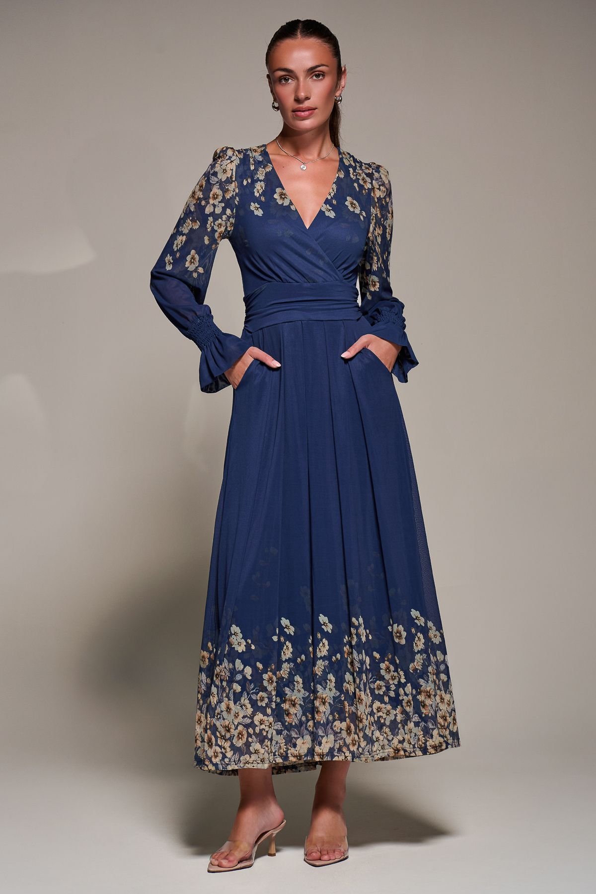 Jolie Moi Jolie Moi Women's Mirrored Print Long Sleeve Mesh Maxi Dress in Navy - 3