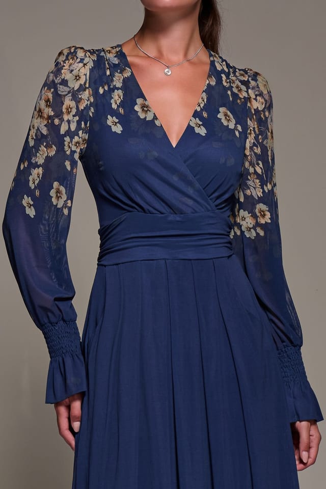 Jolie Moi Jolie Moi Women's Mirrored Print Long Sleeve Mesh Maxi Dress in Navy - 3