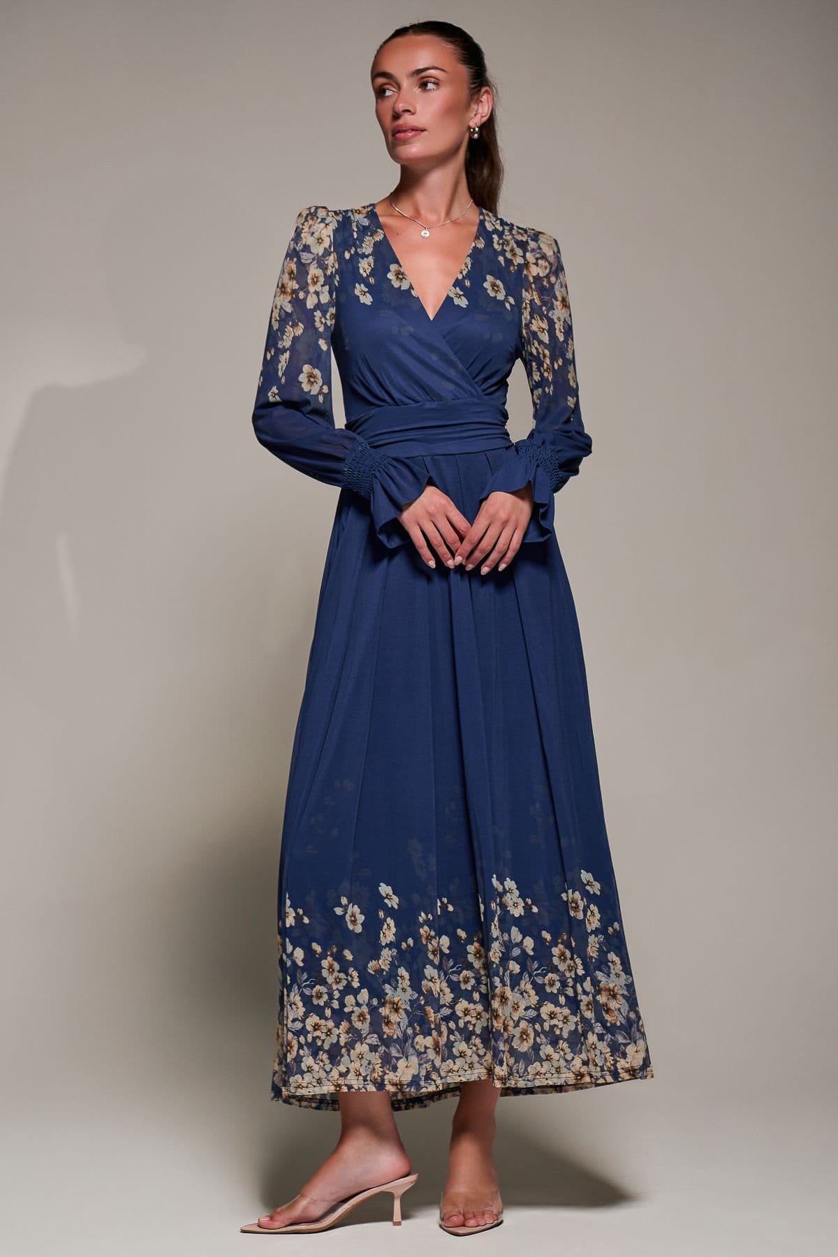 Jolie Moi Jolie Moi Women's Mirrored Print Long Sleeve Mesh Maxi Dress in Navy - 4