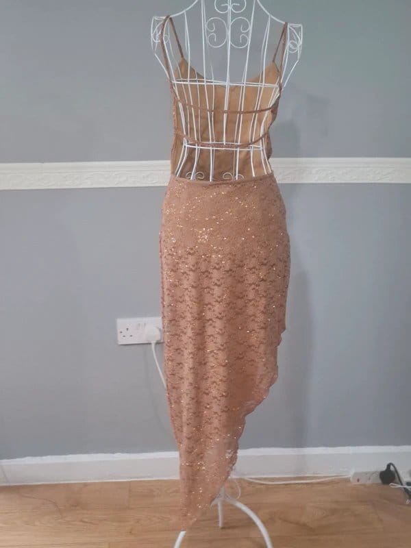 Lipsy Champagne Shimmer Lace Midi Dress | Size M/L (UK 10–12)