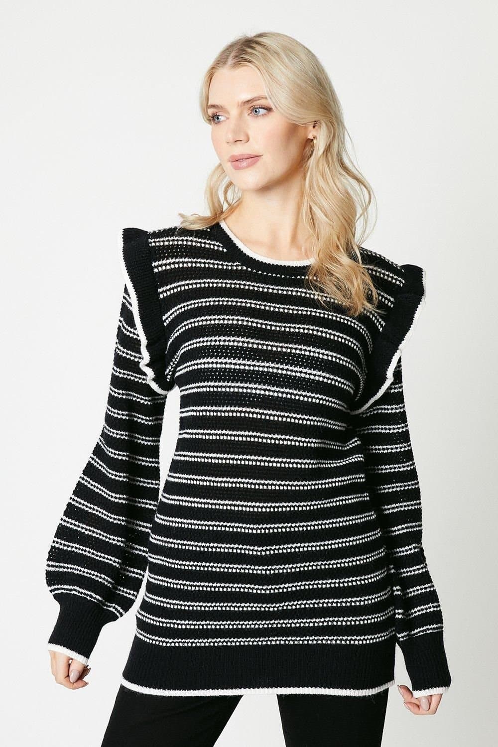 Principles Principles Women's Stripe Frill Sleeve Tunic in Black