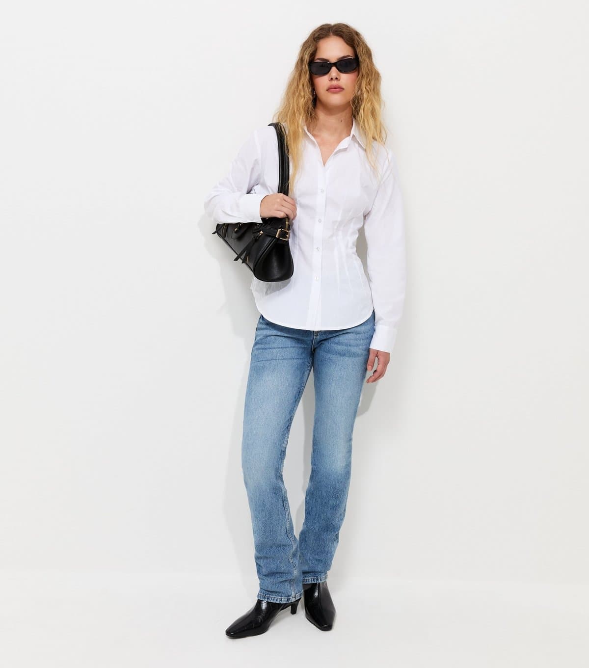 New Look Women's Off White Cotton Poplin Corset Waist Plain Shirt New Look