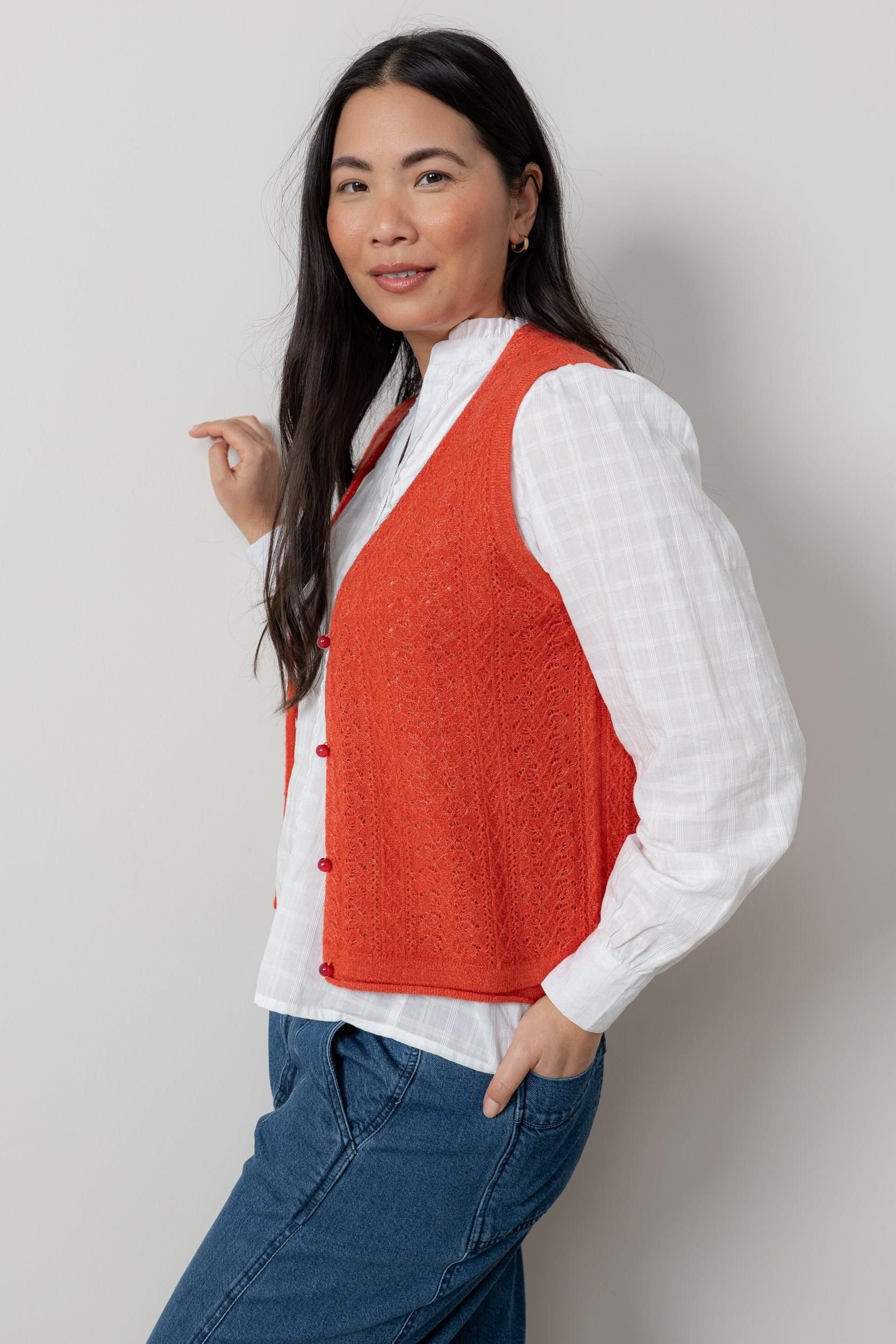 Lily & Me Lily & Me Women's Marly Sleeveless Pointelle Knit V-Neck Cardigan in Red - 2