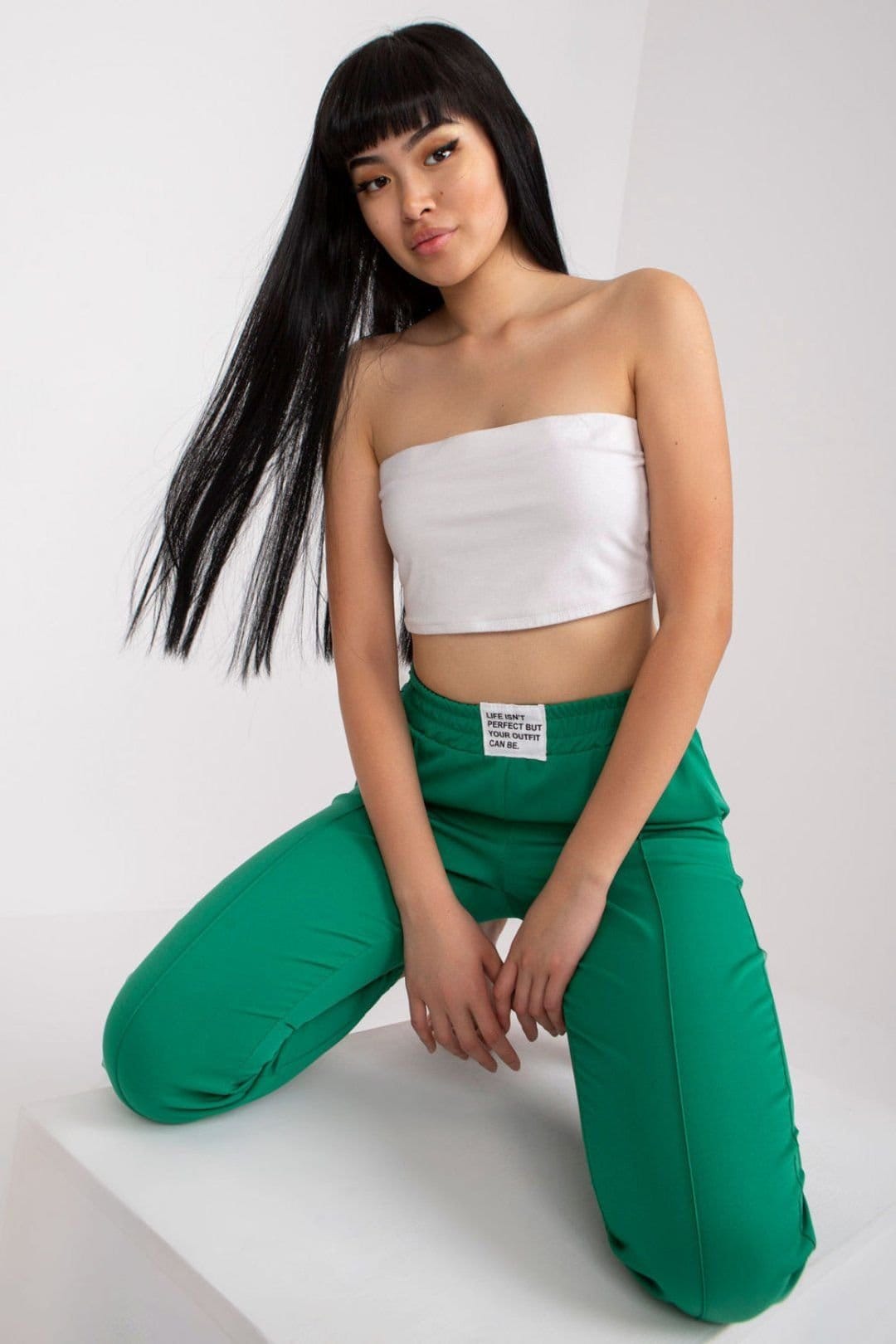 Love Lace Green High-Rise Elastic Waist Trousers