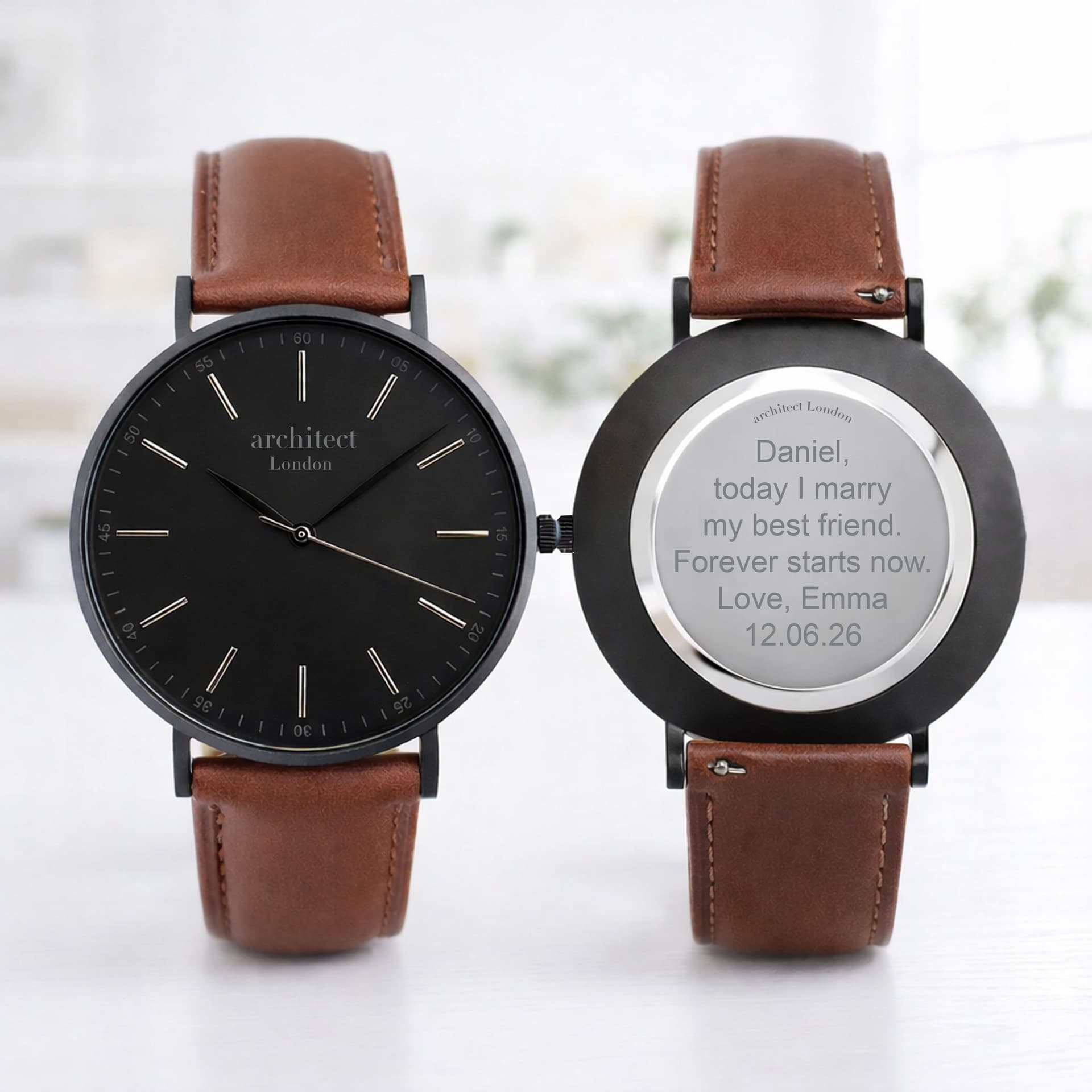 Wear We Met Wear We Met Men's Personalised Architect London Minimalist Watch - Engraved in Brown