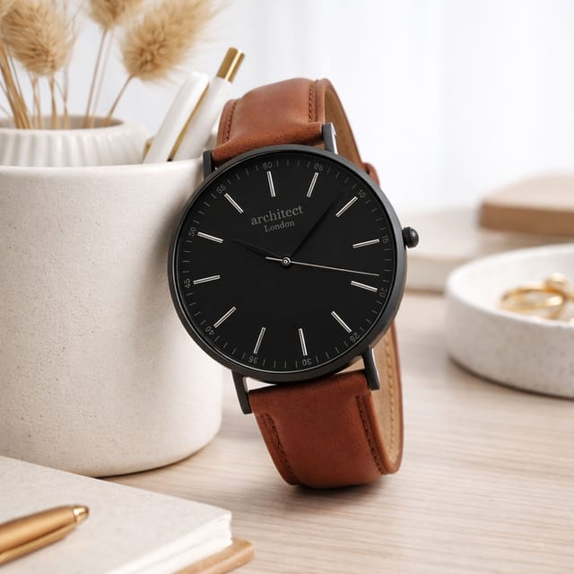 Wear We Met Wear We Met Men's Personalised Architect London Minimalist Watch - Engraved in Brown - 2