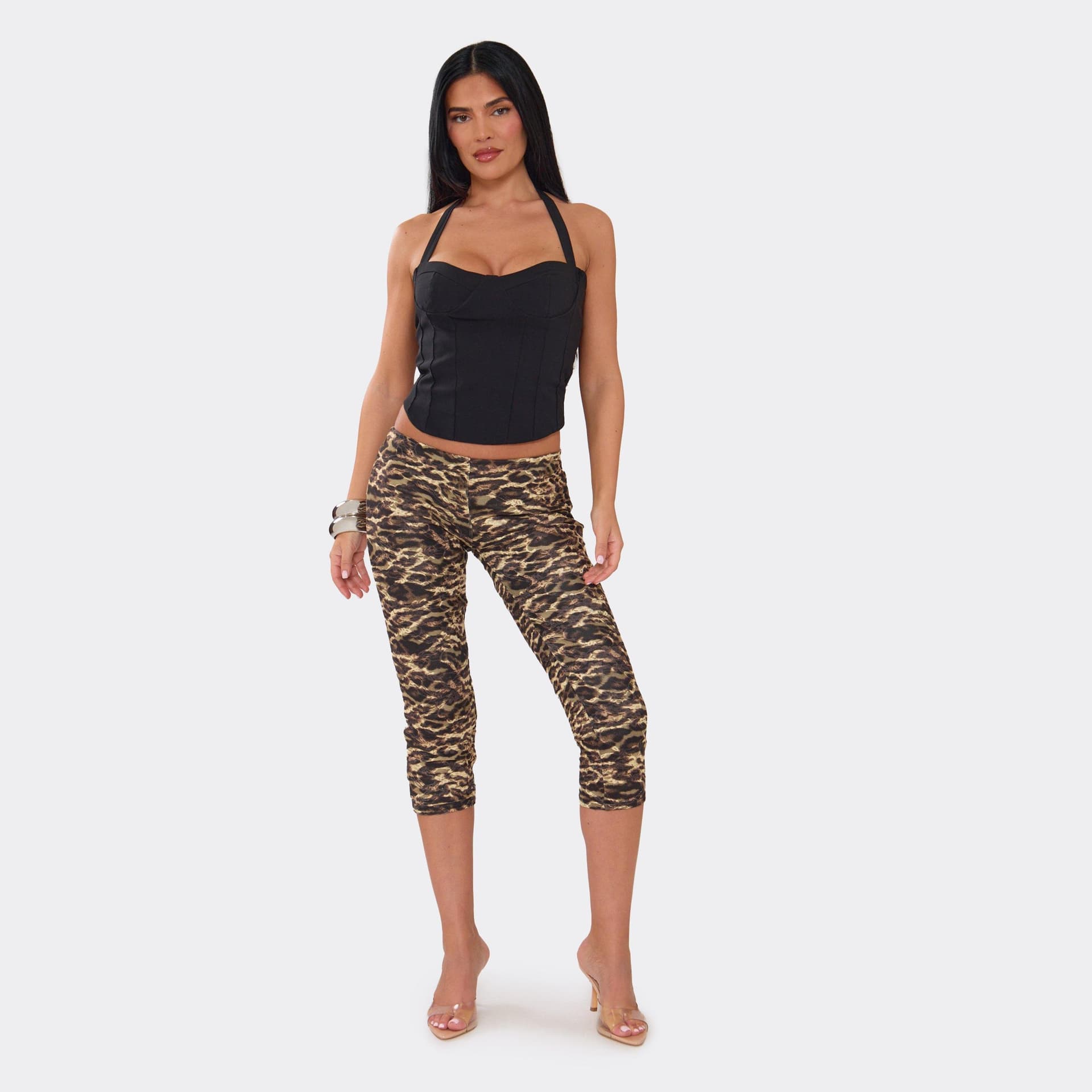 EGO Mid Rise Capri Trousers In Brown Leopard Print Lace, Women's Size UK 6