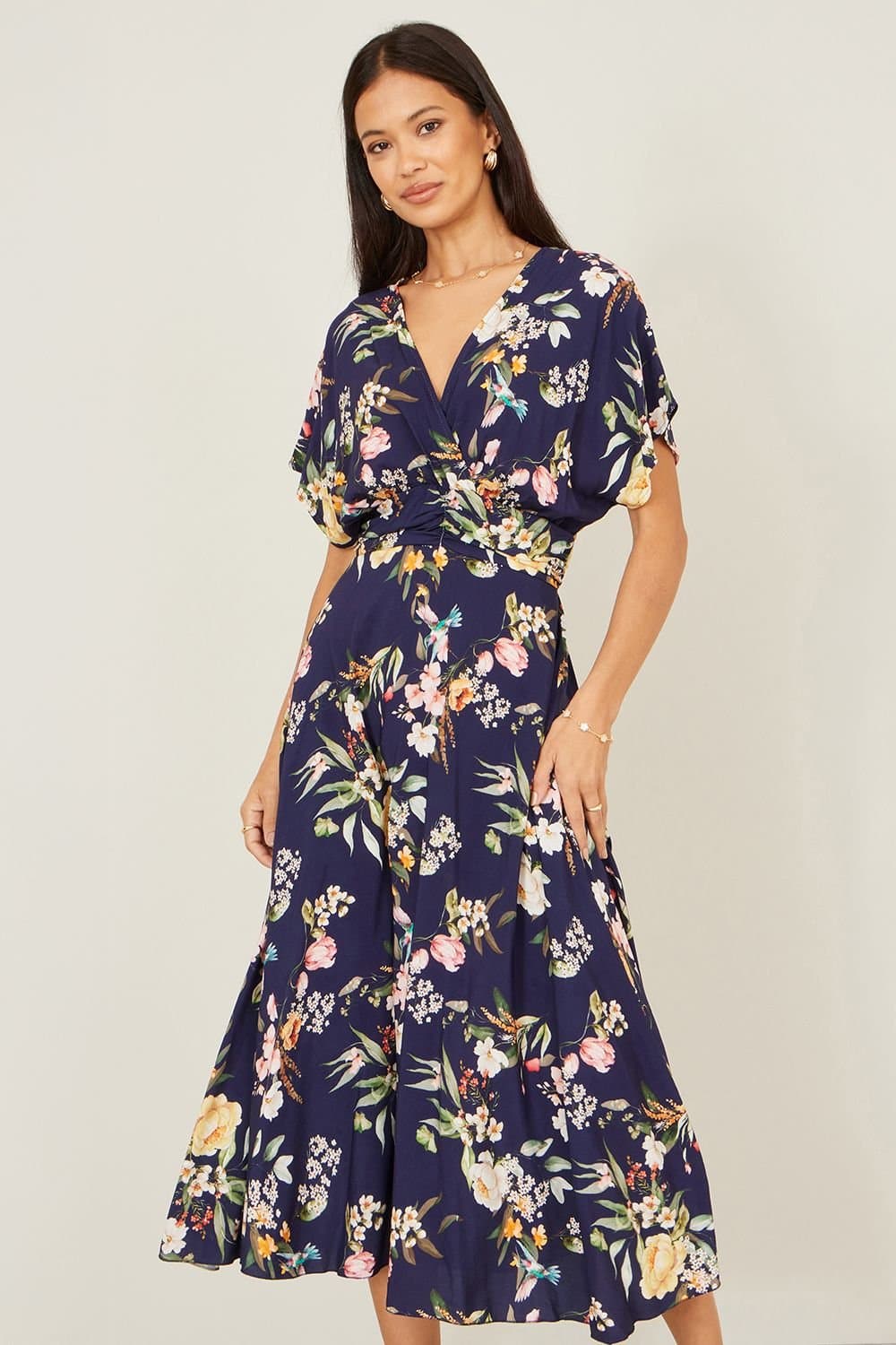 Yumi Yumi Women's Navy Viscose Floral Print Midi Dress With Ruched Waist