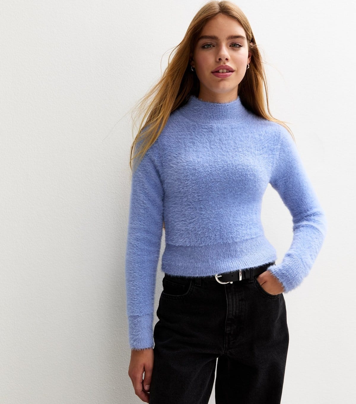 New Look Light Blue Textured Knit High Neck Jumper