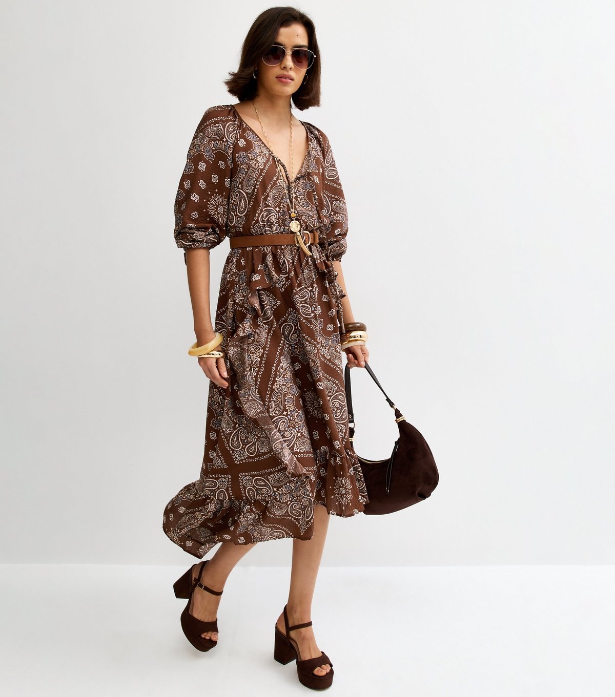 New Look Women's Brown Bandana Print Ruffle Hem Midi Dress New Look - 2