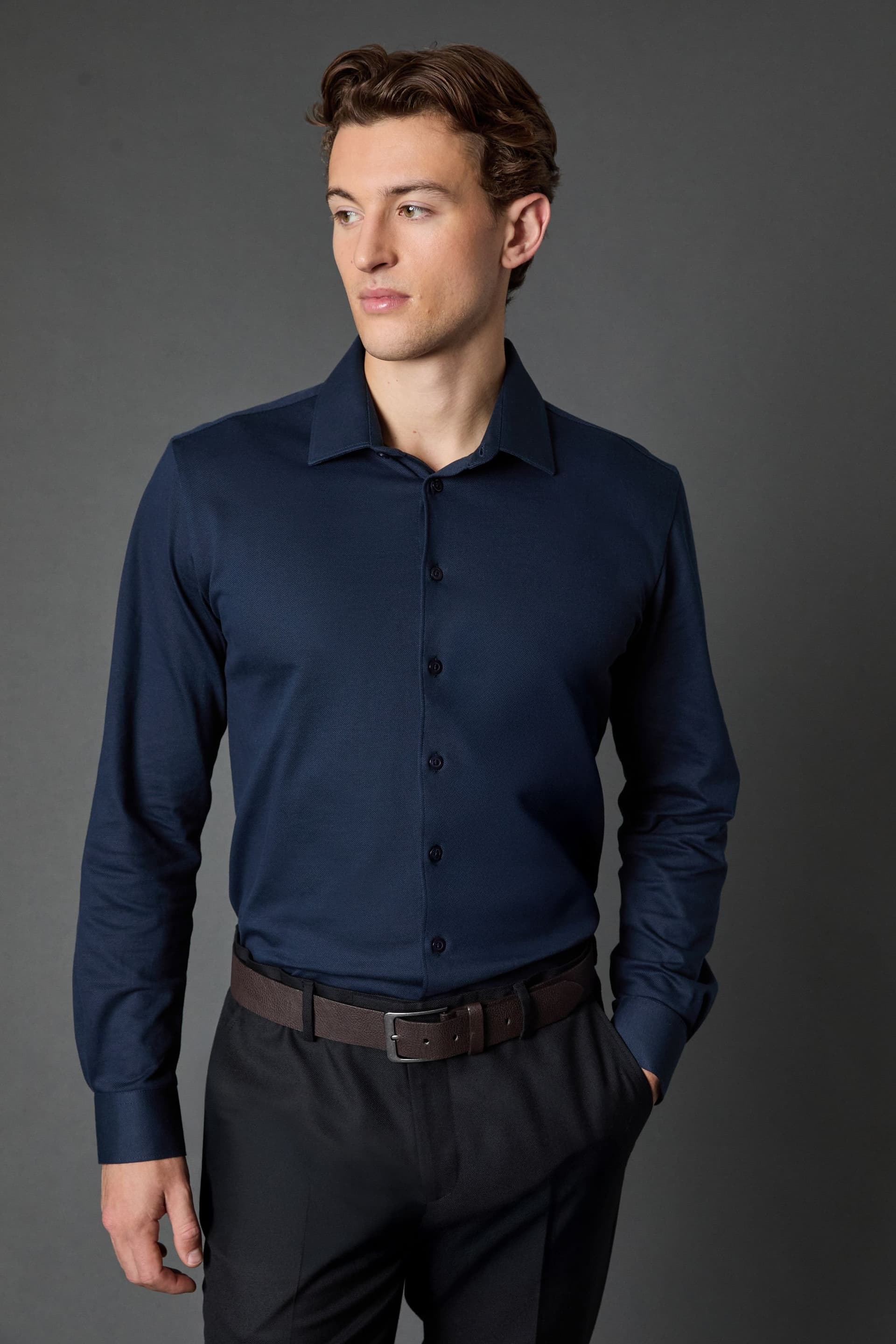 Burton Burton Navy Pique Slim Fit Long Sleeve Shirt