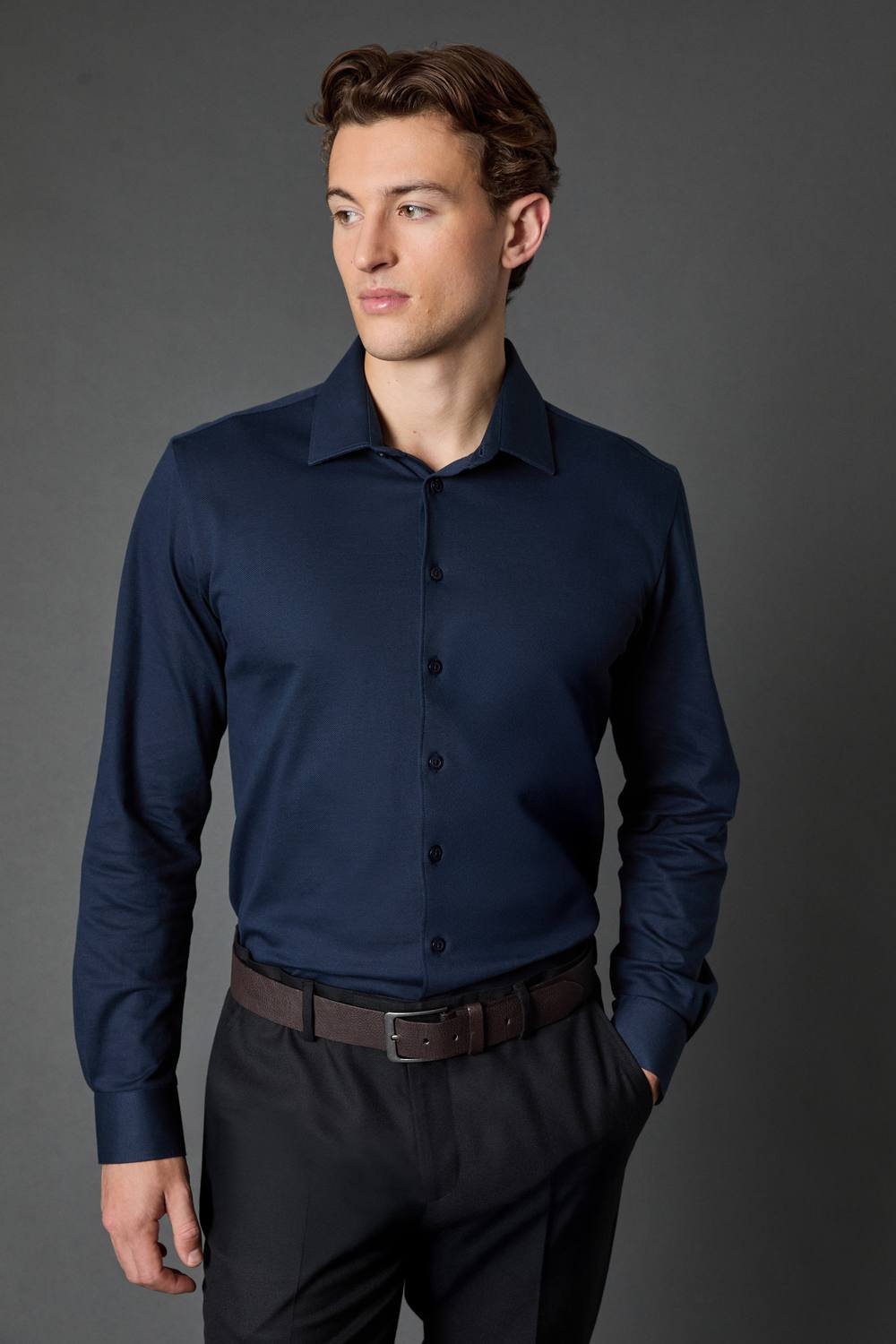 Burton Burton Men's Navy Pique Slim Fit Long Sleeve Shirt - 2