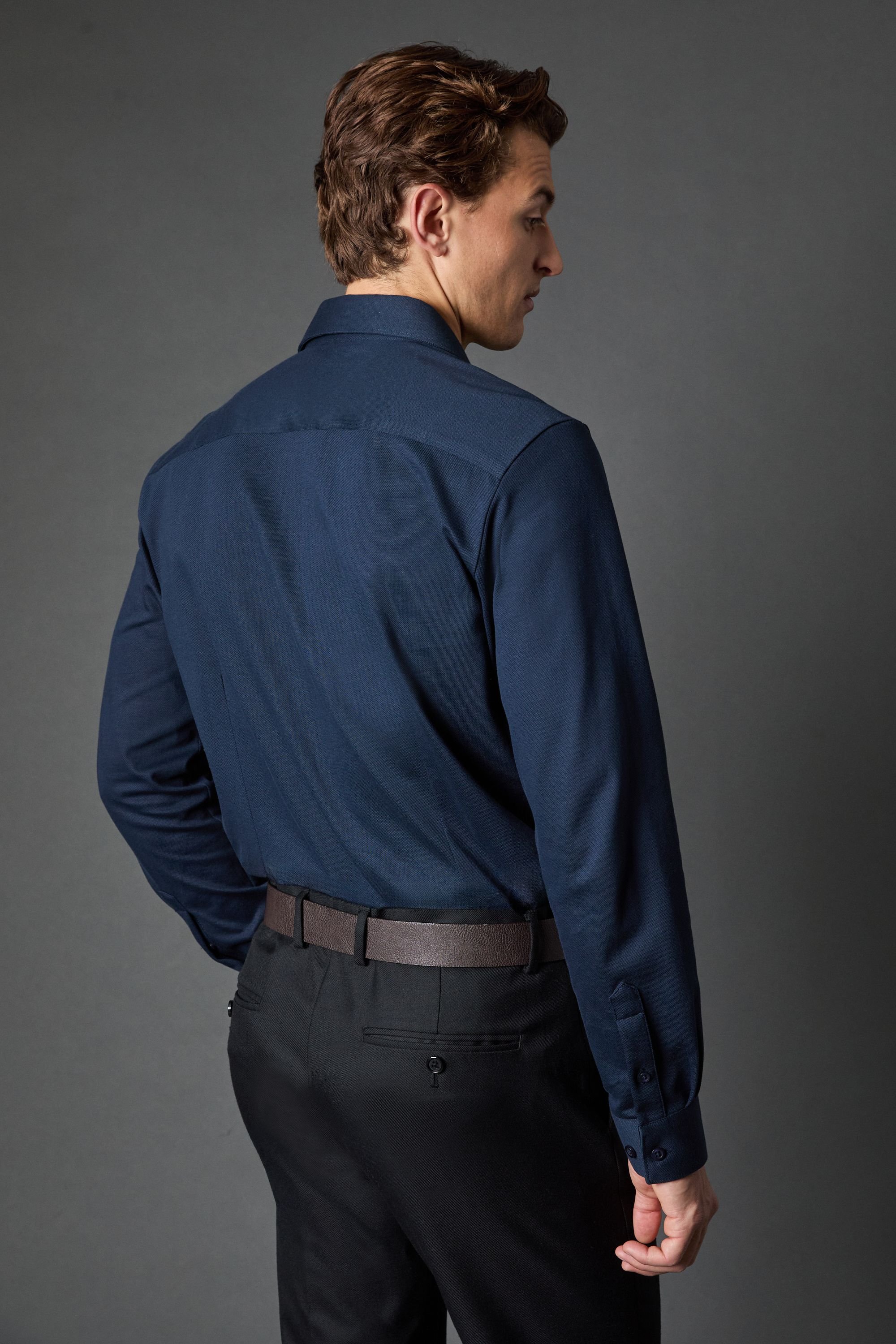 Burton Burton Men's Navy Pique Slim Fit Long Sleeve Shirt - 3