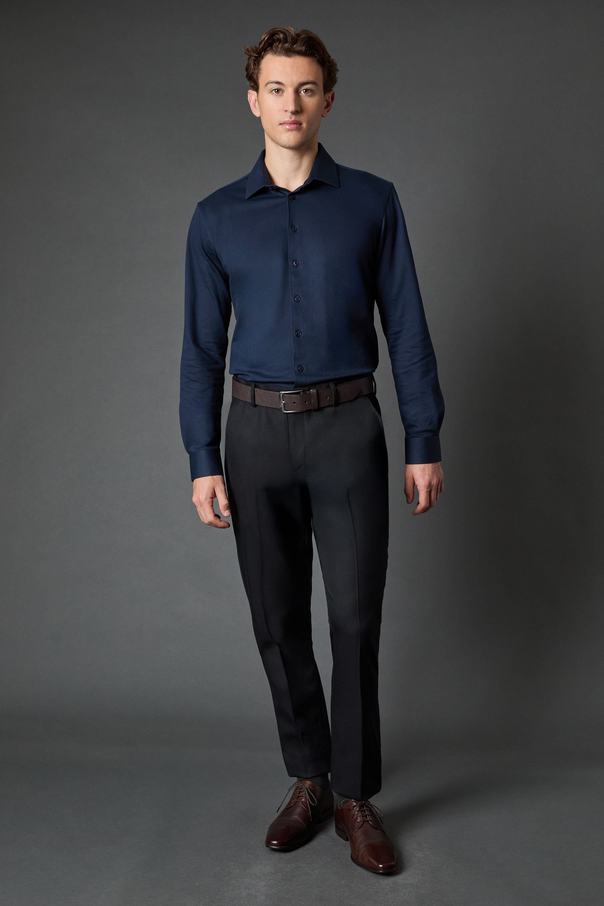 Burton Burton Men's Navy Pique Slim Fit Long Sleeve Shirt - 4