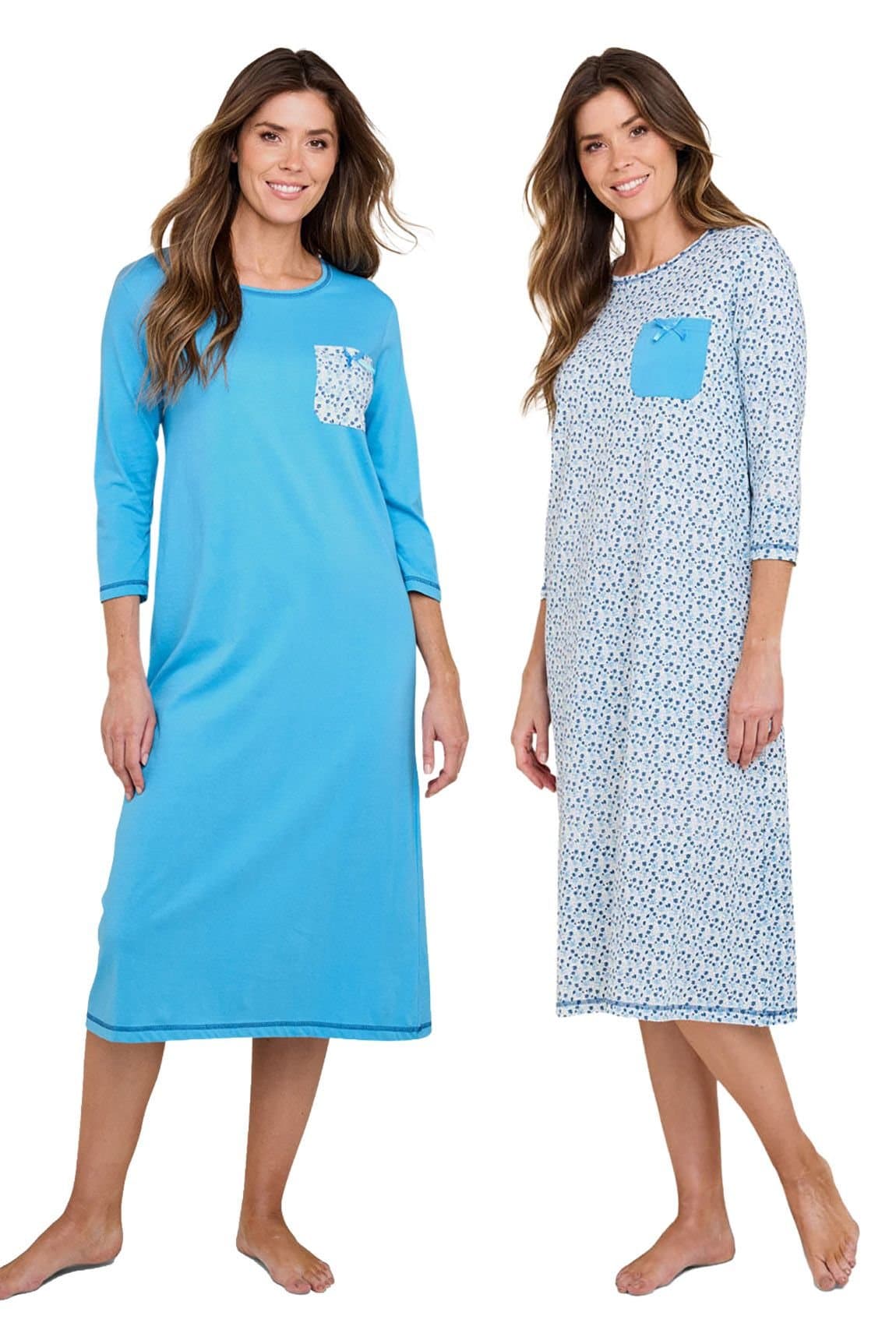 Amber Amber Women's Cotton 3/4 SleeveNightdresses Pack of 2 in Blue