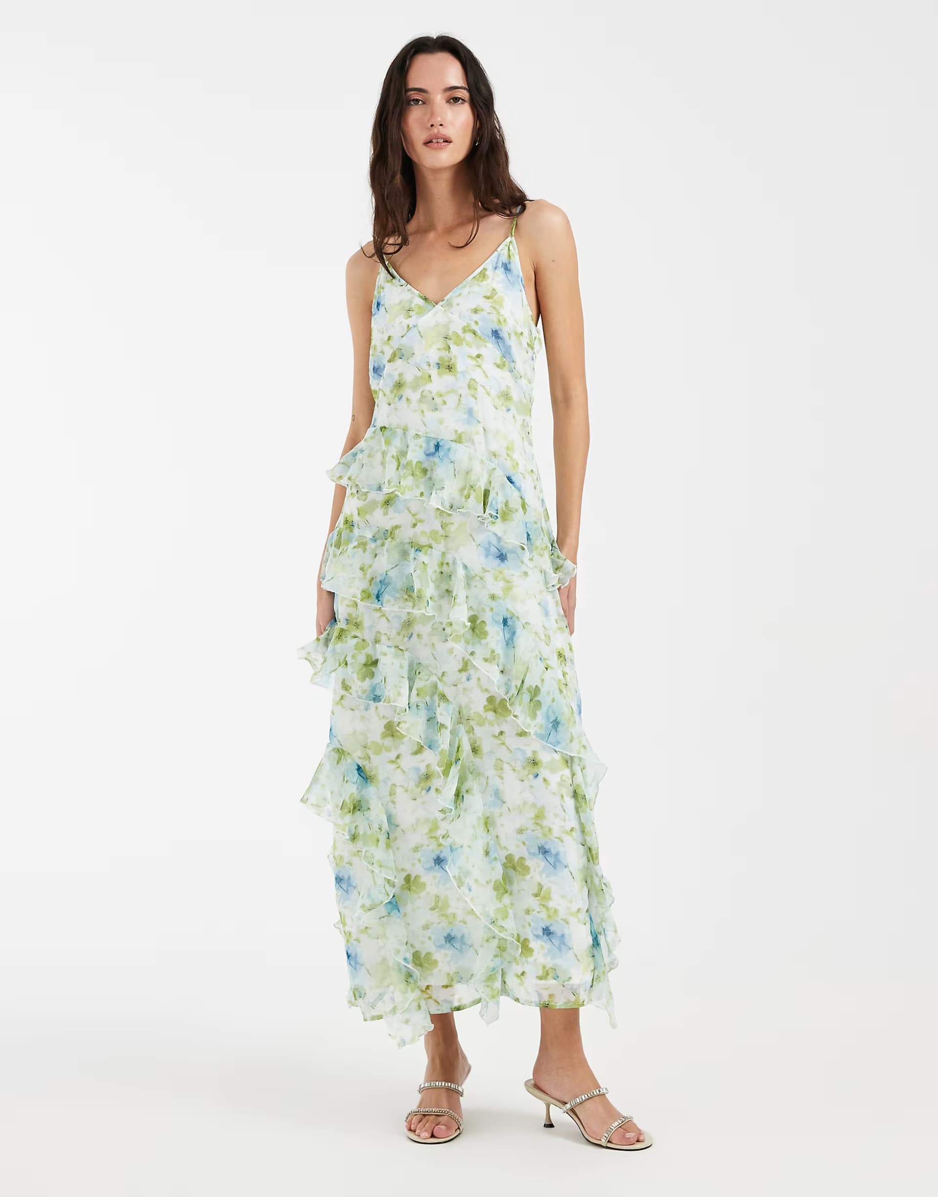 ASOS Vero Moda Smilla Chiffon cami ruffle detail midi dress in pretty light blue based floral print