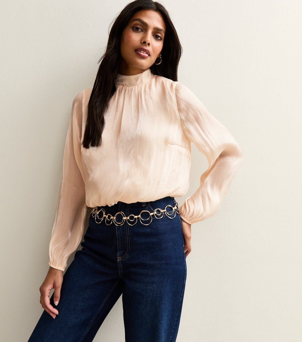 New Look Women's Pale Pink Shimmer High Neck Bubble Hem Blouse New Look