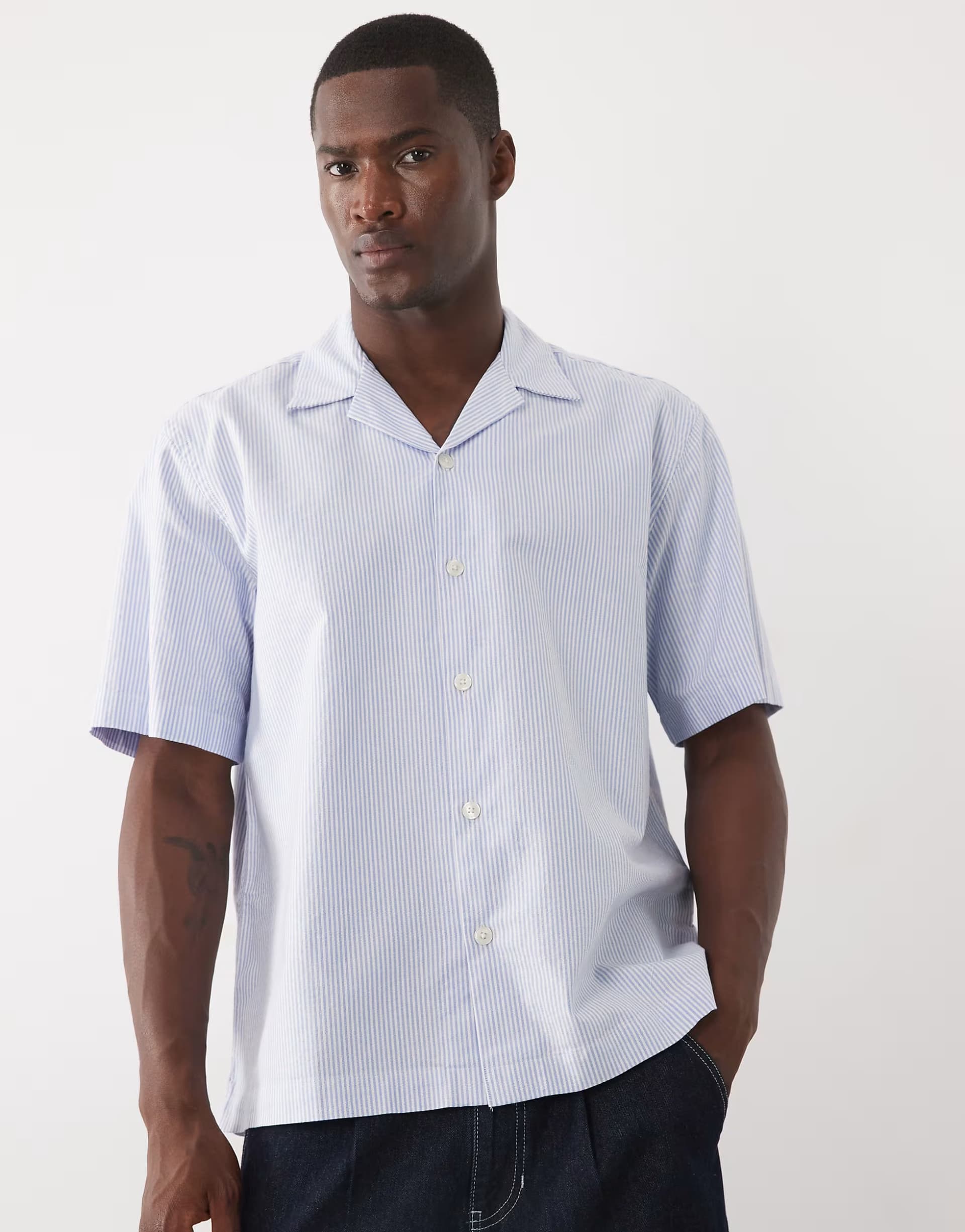 ASOS Selected 100% cotton short sleeve shirt in light blue stripe
