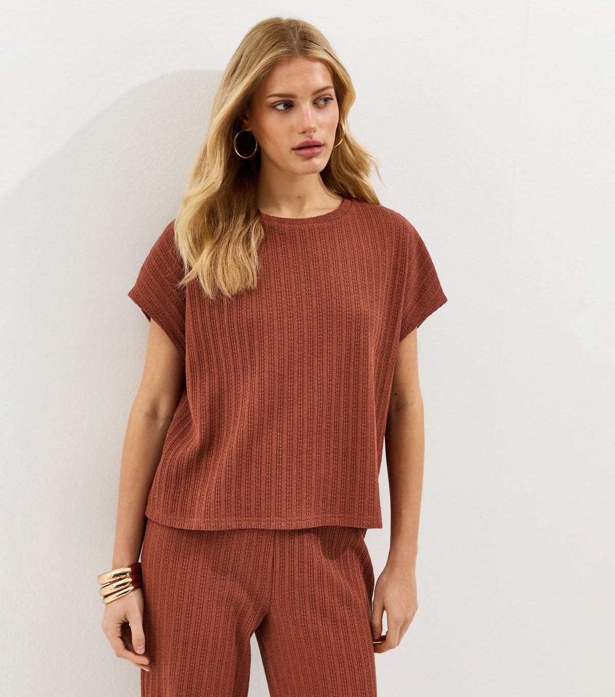 New Look Rust Textured Soft Touch Crew Neck Top