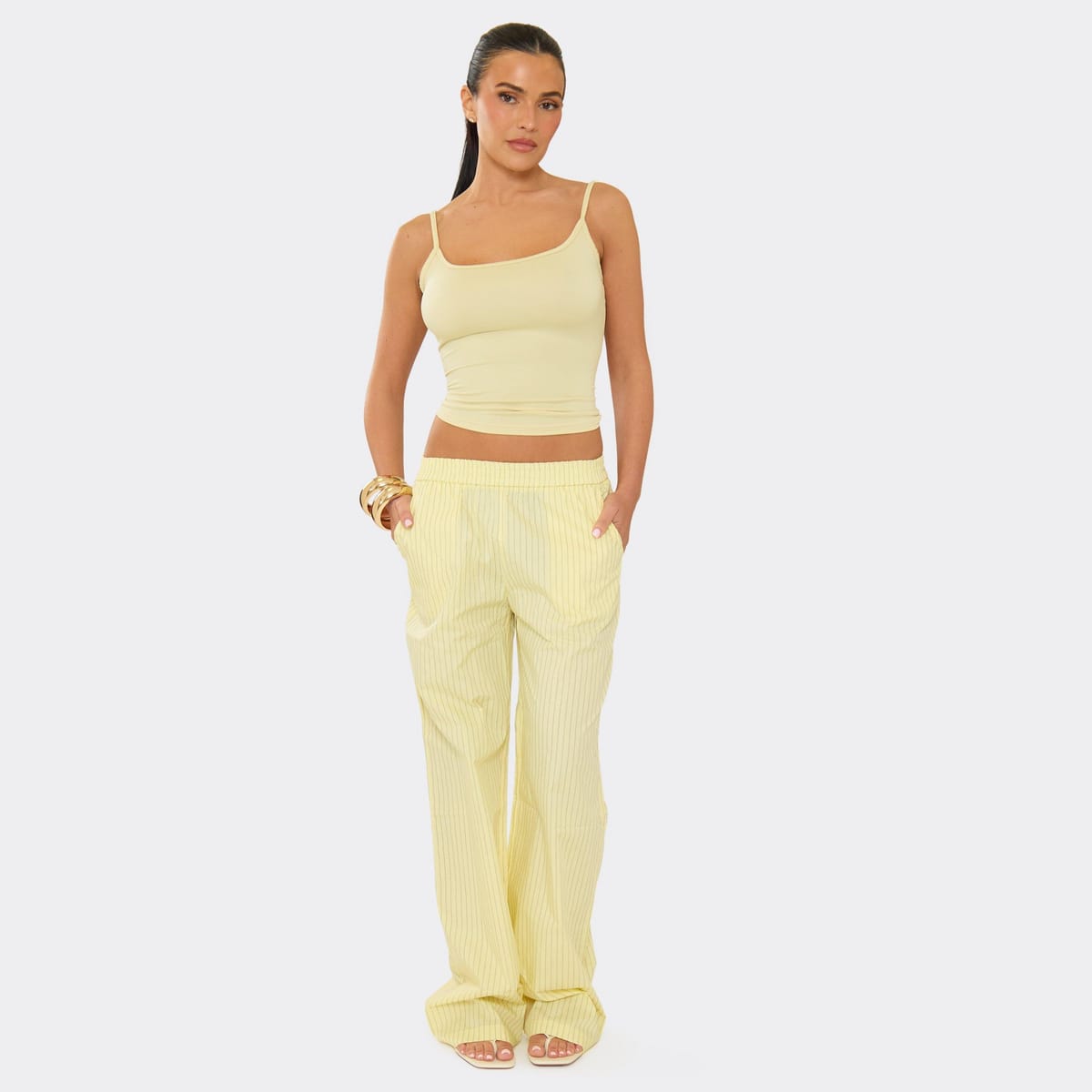 EGO Mid Rise Waistband Detail Wide Leg Trousers In Lemon Pinstripe, Women's Size UK M - 1