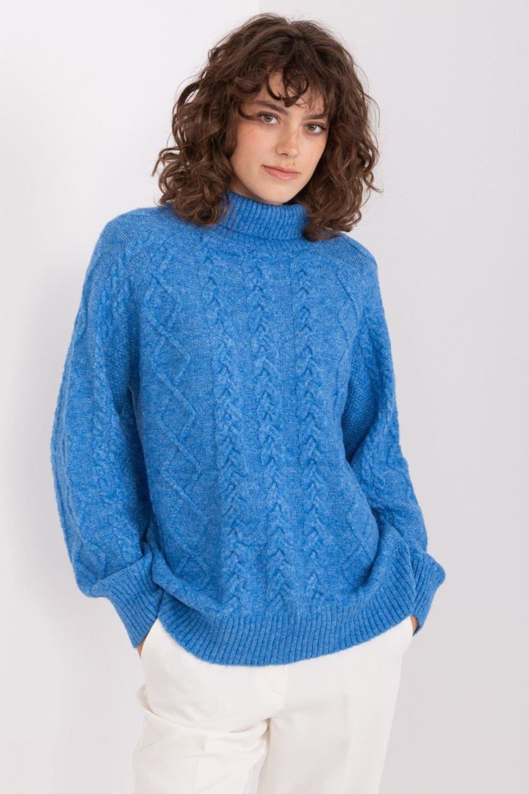 Love Lace Love Lace Women's Plaid Textured Turtleneck Sweater in Blue