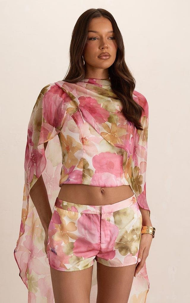 EGO Tailored Shorts In Pink Floral Print Woven, Women's Size UK 6 - 2