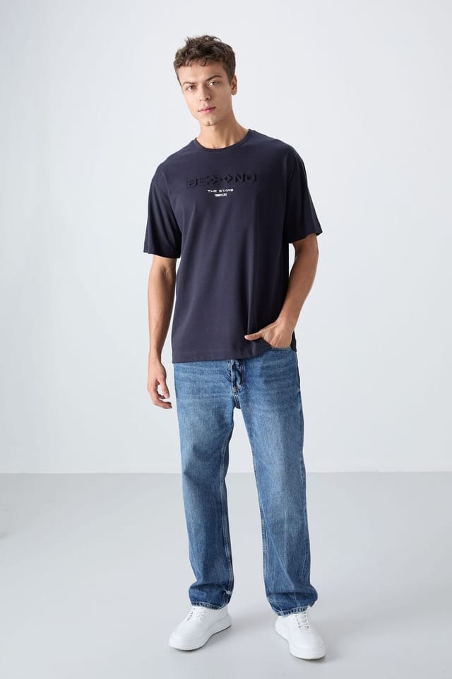 Tommy Life Tommy Life Men's Oversized Cotton-Polyester Logo T-Shirt in Navy - 2