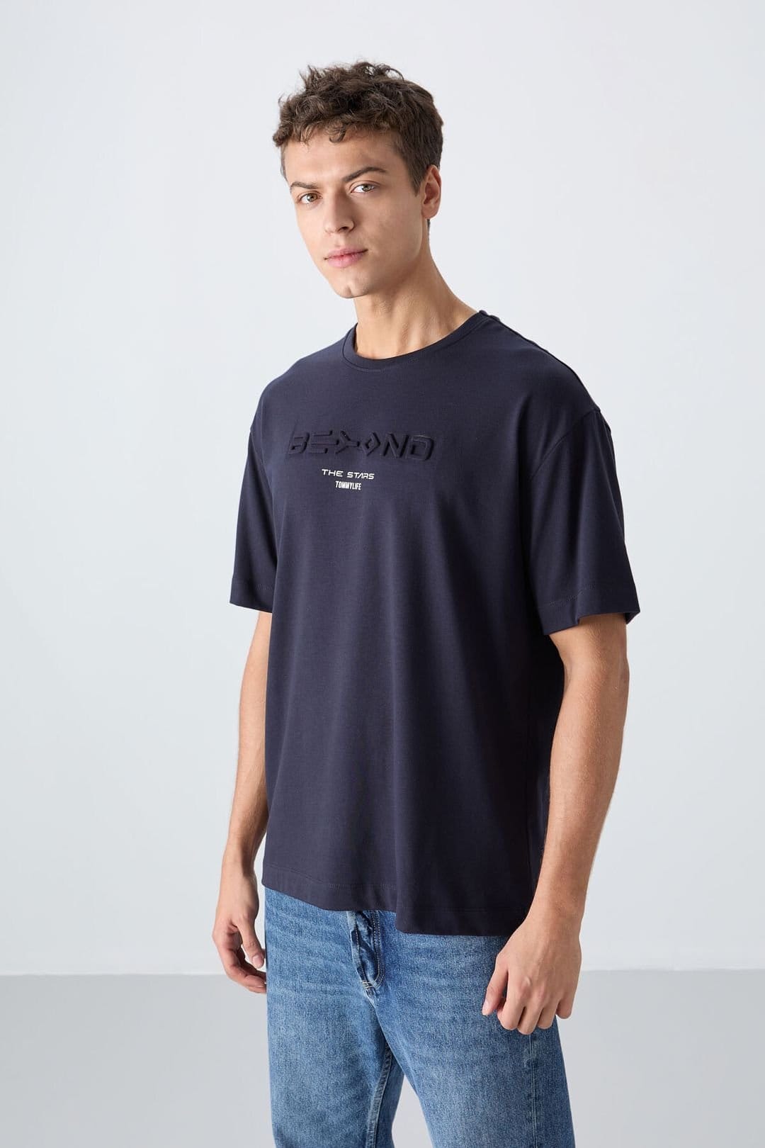 Tommy Life Tommy Life Men's Oversized Cotton-Polyester Logo T-Shirt in Navy - 4