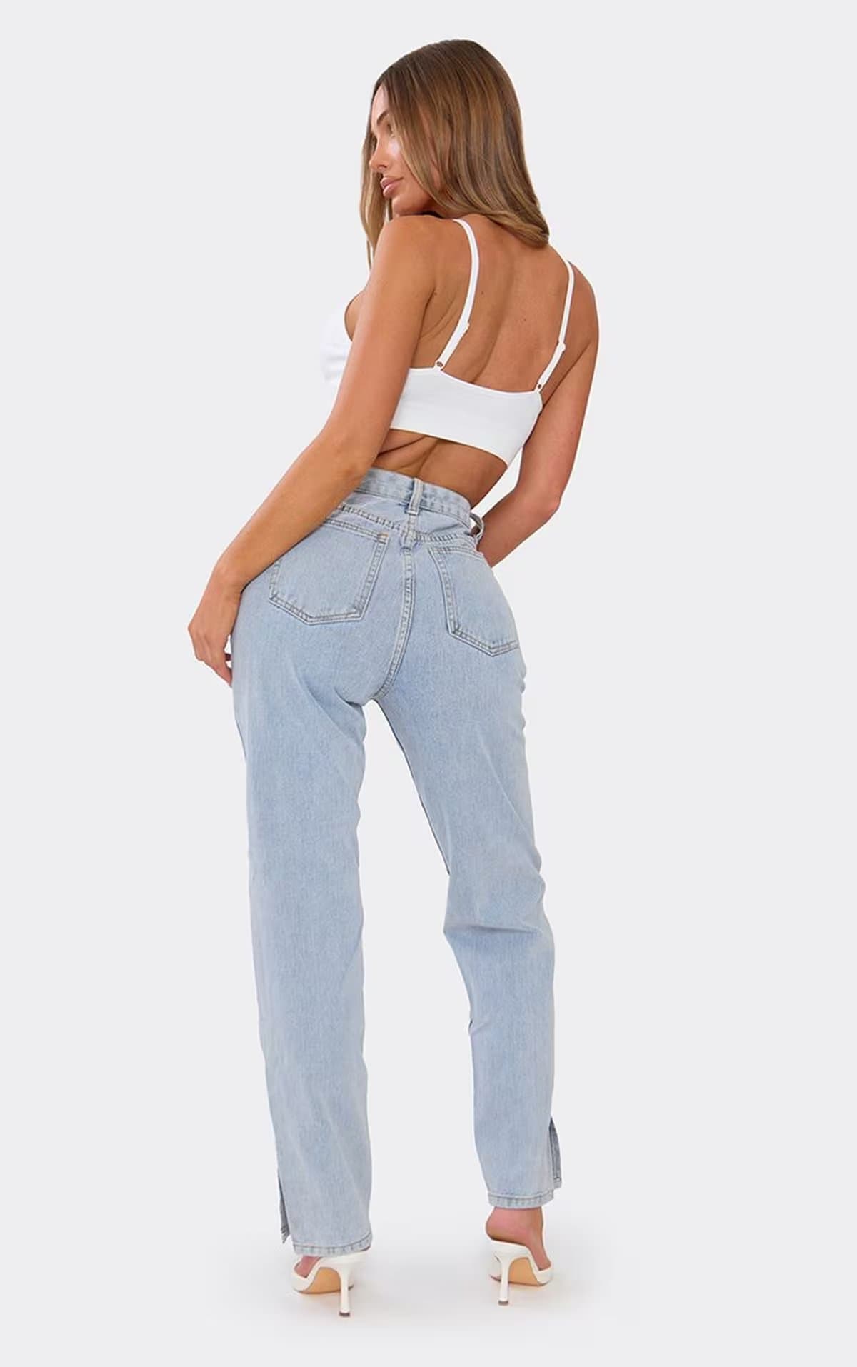 EGO Petite Split Hem Jeans In Light Blue Bleached Denim., Women's Size UK 4
