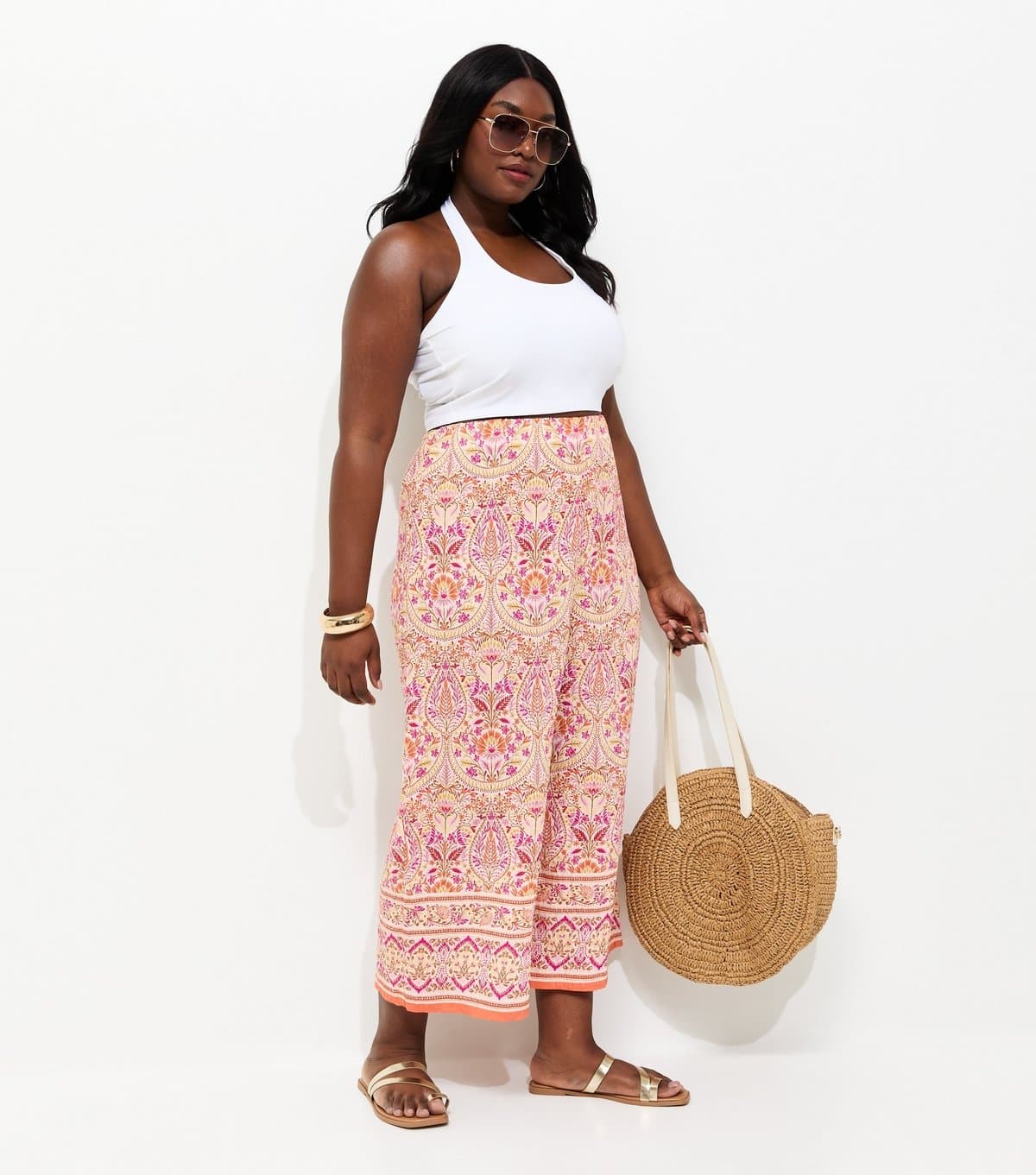 New Look Women's Plus Size Pink Folk Print Cropped Trousers Curves New Look