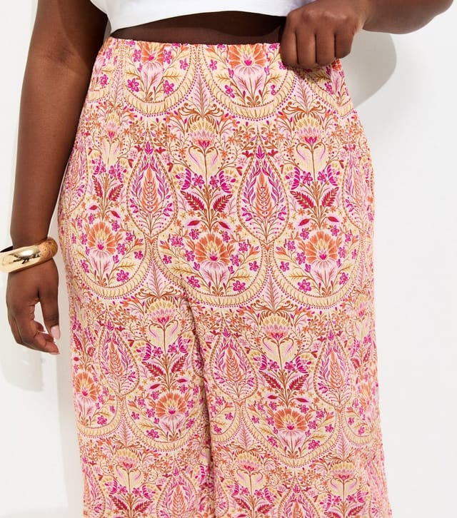 New Look Women's Plus Size Pink Folk Print Cropped Trousers Curves New Look - 2