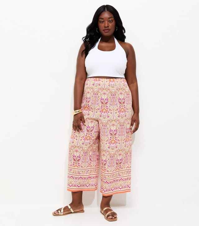 New Look Women's Plus Size Pink Folk Print Cropped Trousers Curves New Look - 3