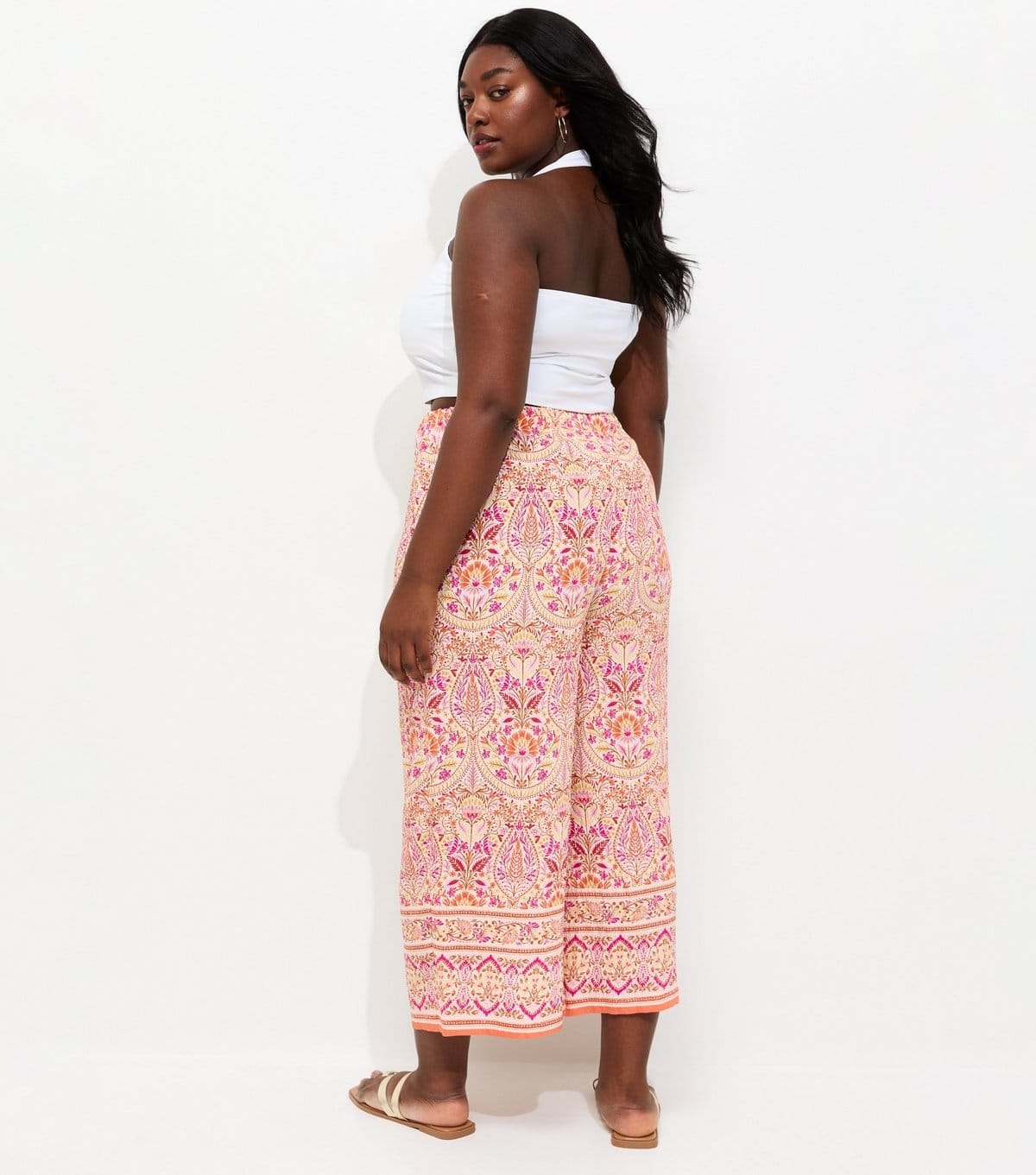 New Look Women's Plus Size Pink Folk Print Cropped Trousers Curves New Look - 4