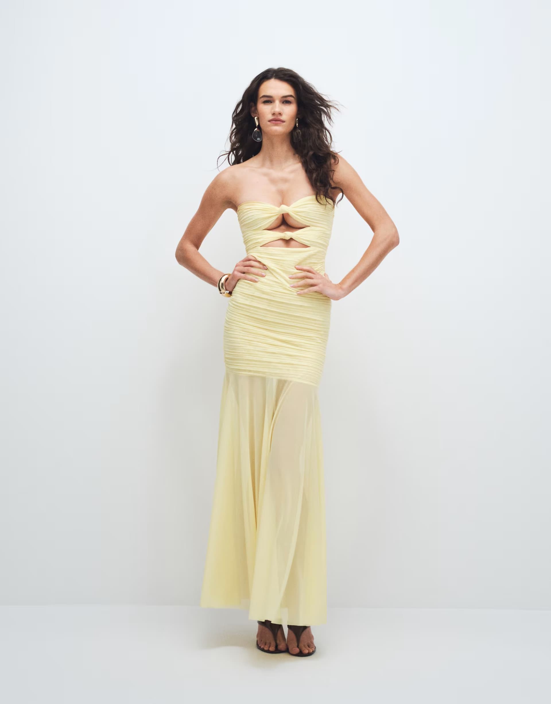 ASOS Ruched & Ready sculpted mesh bandeau cut out knot detail sheer hem maxi dress in lemon