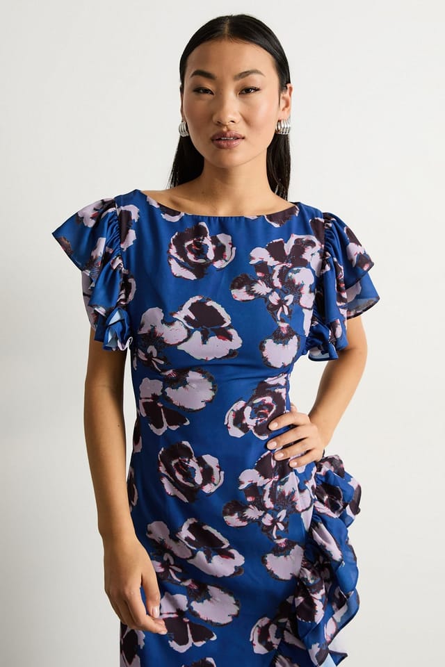 Warehouse Warehouse Women's Petite Printed Side Split Ruffle Detail Maxi Dress in Blue - 2