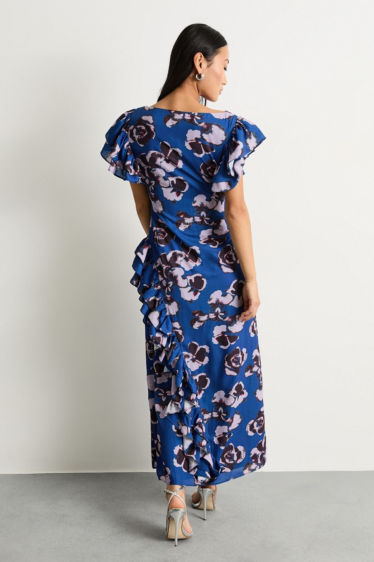 Warehouse Warehouse Women's Petite Printed Side Split Ruffle Detail Maxi Dress in Blue - 3