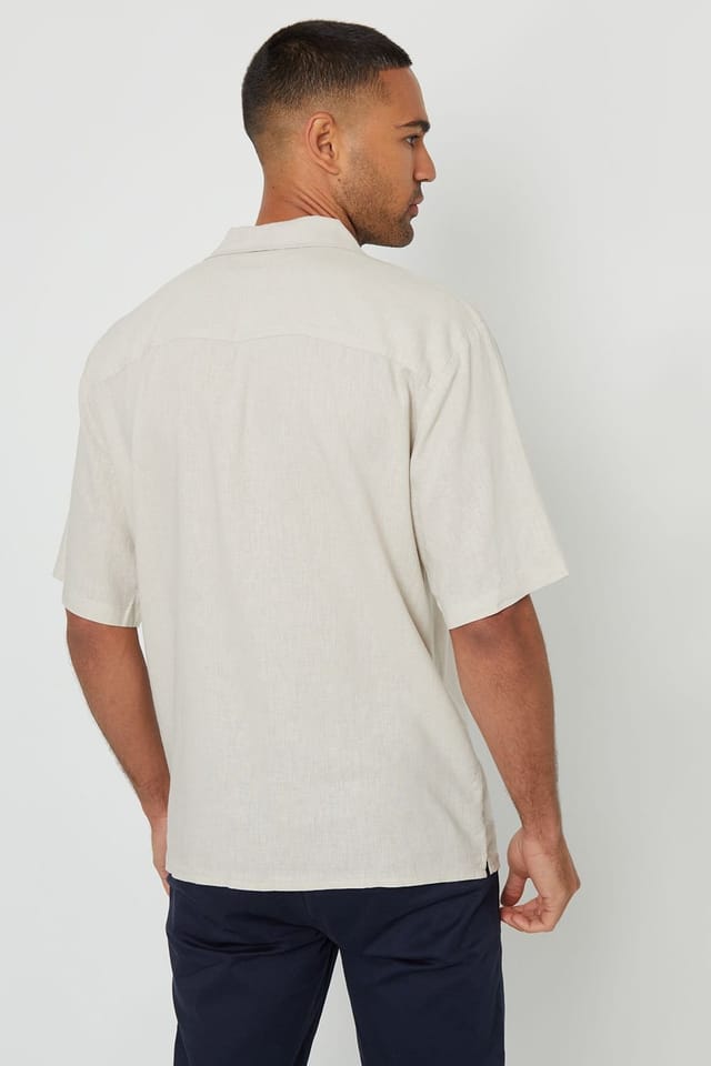 Threadbare Threadbare Men's 'Kylian' Linen Blend Revere Collar Short Sleeve Shirt in Stone - 2