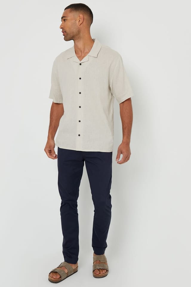 Threadbare Threadbare Men's 'Kylian' Linen Blend Revere Collar Short Sleeve Shirt in Stone - 3