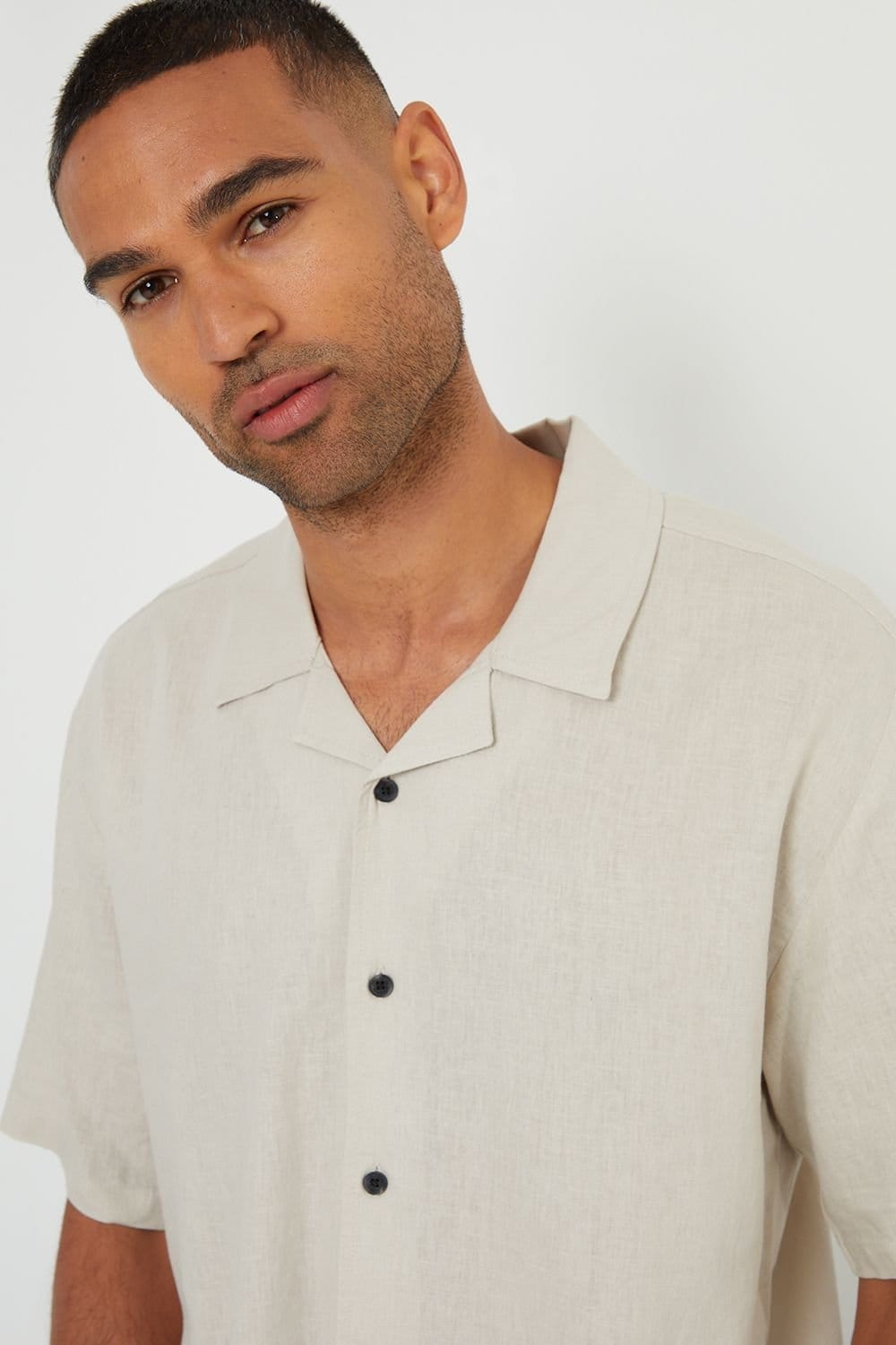 Threadbare Threadbare Men's 'Kylian' Linen Blend Revere Collar Short Sleeve Shirt in Stone - 4