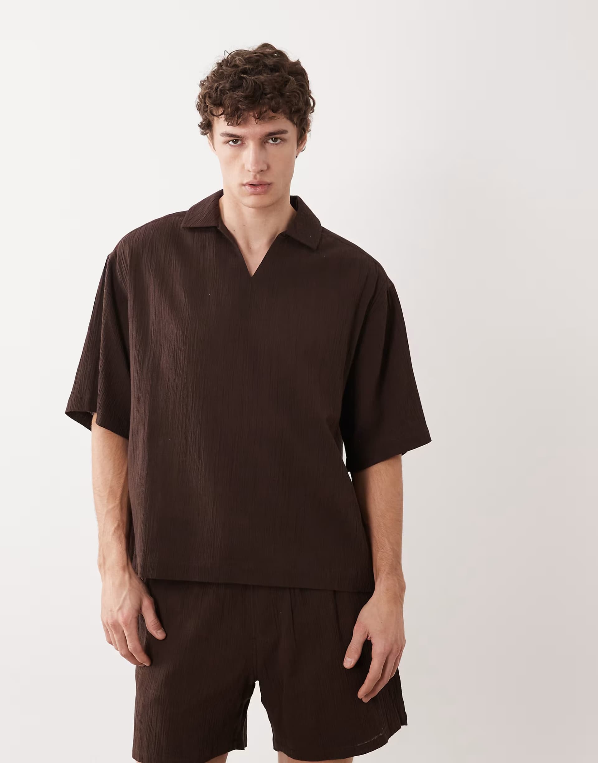 ASOS ASOS DESIGN co-ord boxy oversized overhead revere crinkle texture shirt in brown
