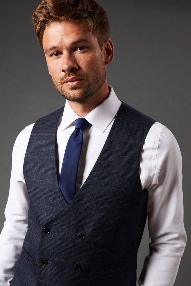 Burton Burton Men's Navy Slim Fit Tweed Look Check Waistcoat - 2