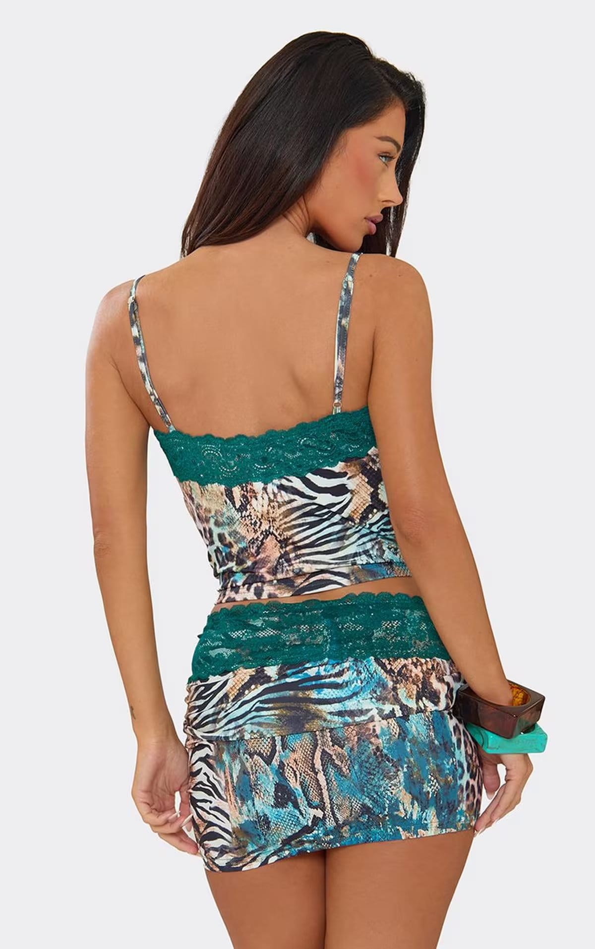 Lace Trim Mini Skirt In Teal Green Animal Print., Women's Size UK 6